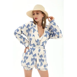 Kemerli Desenli Oversize Blazer Ceket - Mavi