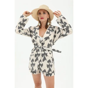 Kemerli Desenli Oversize Blazer Ceket - Siyah