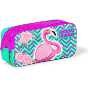 Coral High Kids İki Bölmeli Kalem Kutusu Su Yeşili Pembe Simli Flamingo Desenli 22290