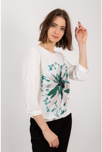 Cliche Kadın Çiçek Deseni Baskılı Beli Lastikli Bluz