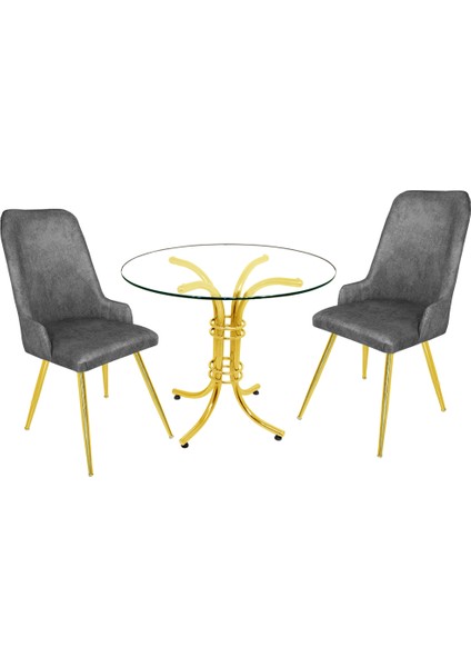 Buket Yuvarlak Gold Cam - Çırağan Gold 2li Mutfak Masa Takımı - Füme