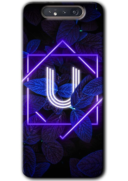 Samsung Galaxy A80 Kılıf Hd Desen Baskılı Arka Kapak - Dark Neon Yaprak U Harfi