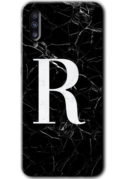 Samsung Galaxy A70 Kılıf Hd Desen Baskılı Arka Kapak - Siyah Mermer Desenli R Harfi