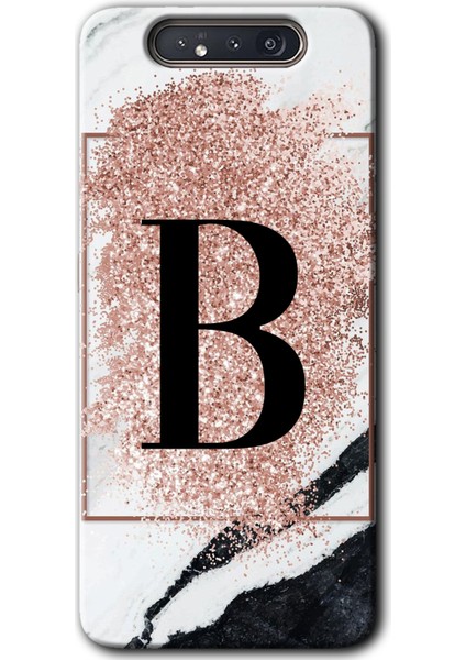 Samsung Galaxy A80 Kılıf Hd Desen Baskılı Arka Kapak - Pembe Mermer Desenli B Harfi