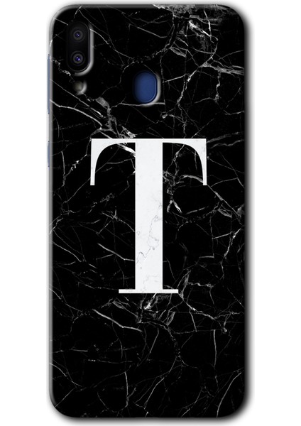 Samsung Galaxy M10 Kılıf Hd Desen Baskılı Arka Kapak - Siyah Mermer Desenli T Harfi