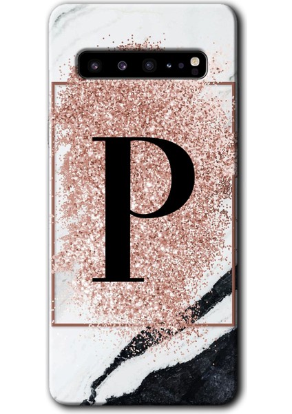 Samsung Galaxy S10 Plus Kılıf Hd Desen Baskılı Arka Kapak - Pembe Mermer Desenli P Harfi