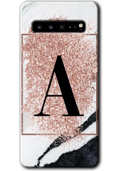 Samsung Galaxy S10 Plus Kılıf Hd Desen Baskılı Arka Kapak - Pembe Mermer Desenli A Harfi