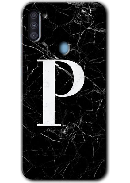 Samsung Galaxy M11 Kılıf Hd Desen Baskılı Arka Kapak - Siyah Mermer Desenli P Harfi