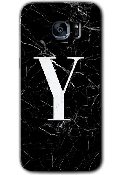 Samsung Galaxy S7 Edge Kılıf Hd Desen Baskılı Arka Kapak - Siyah Mermer Desenli Y Harfi