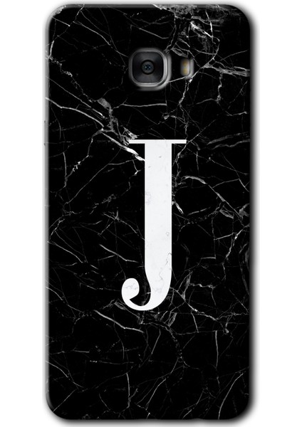 Samsung Galaxy C9 Pro Kılıf Hd Desen Baskılı Arka Kapak - Siyah Mermer Desenli J Harfi
