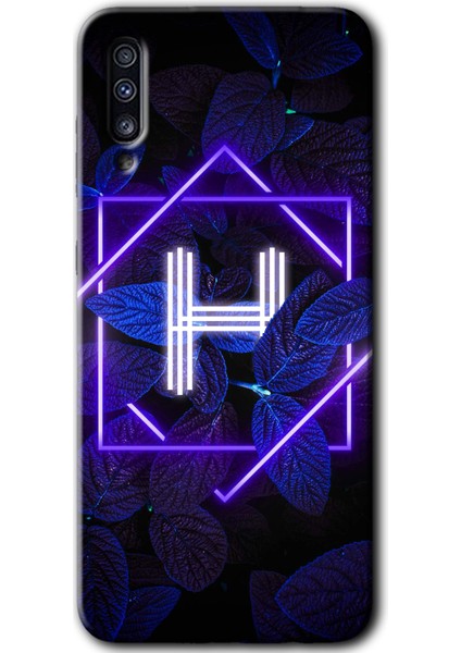 Samsung Galaxy A70S Kılıf Hd Desen Baskılı Arka Kapak - Dark Neon Yaprak H Harfi