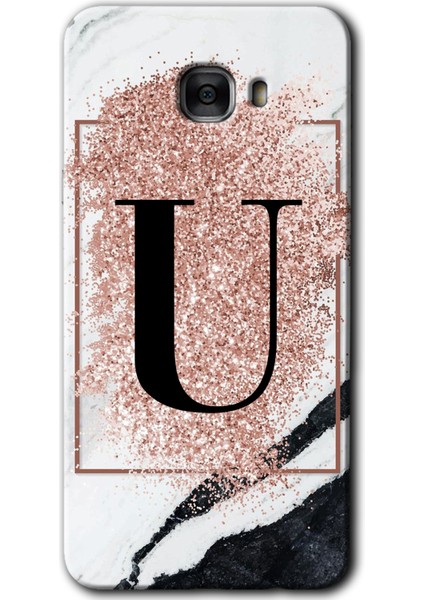 Samsung Galaxy C7 Kılıf Hd Desen Baskılı Arka Kapak - Pembe Mermer Desenli U Harfi