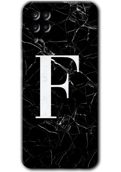 Samsung Galaxy M12 Kılıf Hd Desen Baskılı Arka Kapak - Siyah Mermer Desenli F Harfi
