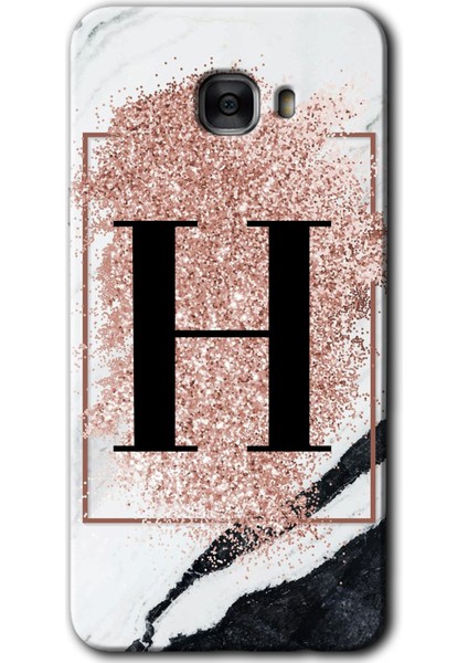 Samsung Galaxy C9 Pro Kılıf Hd Desen Baskılı Arka Kapak - Pembe Mermer Desenli H Harfi