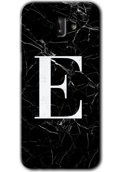 Samsung Galaxy J6 Plus Kılıf Hd Desen Baskılı Arka Kapak - Siyah Mermer Desenli E Harfi