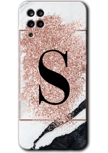 Samsung Galaxy M12 Kılıf Hd Desen Baskılı Arka Kapak - Pembe Mermer Desenli S Harfi