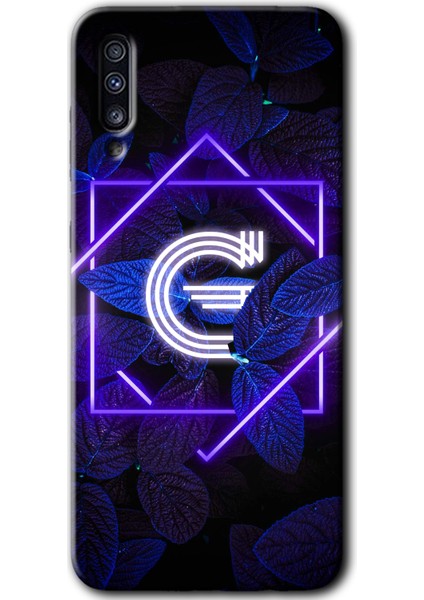 Samsung Galaxy A70S Kılıf Hd Desen Baskılı Arka Kapak - Dark Neon Yaprak G Harfi