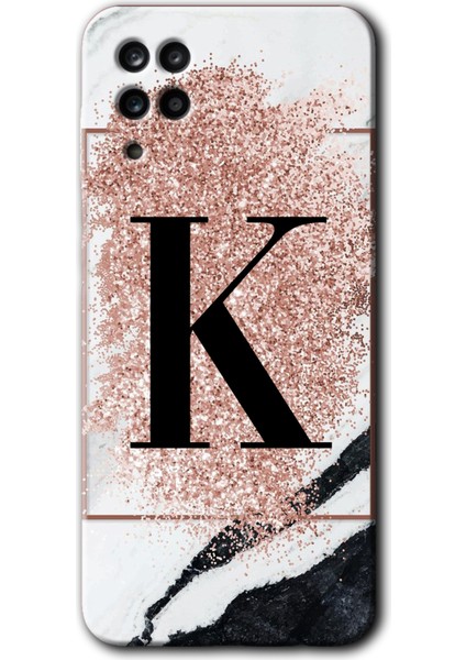 Samsung Galaxy M12 Kılıf Hd Desen Baskılı Arka Kapak - Pembe Mermer Desenli K Harfi