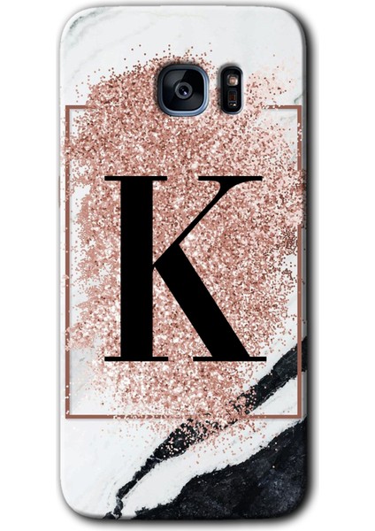 Samsung Galaxy S7 Edge Kılıf Hd Desen Baskılı Arka Kapak - Pembe Mermer Desenli K Harfi