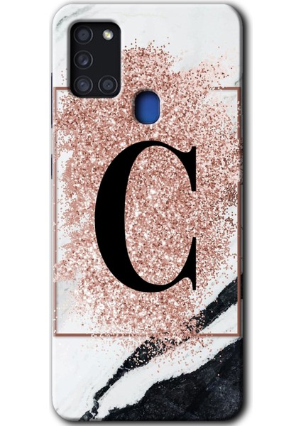 Samsung Galaxy A21S Kılıf Hd Desen Baskılı Arka Kapak - Pembe Mermer Desenli C Harfi