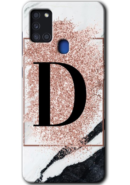 Samsung Galaxy A21S Kılıf Hd Desen Baskılı Arka Kapak - Pembe Mermer Desenli D Harfi