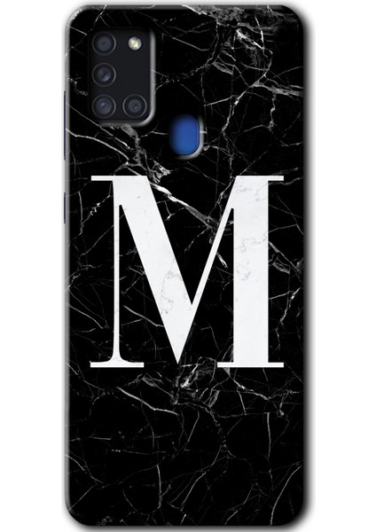 Samsung Galaxy A21S Kılıf Hd Desen Baskılı Arka Kapak - Siyah Mermer Desenli M Harfi