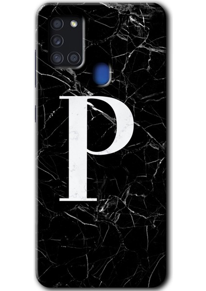 Samsung Galaxy A21S Kılıf Hd Desen Baskılı Arka Kapak - Siyah Mermer Desenli P Harfi