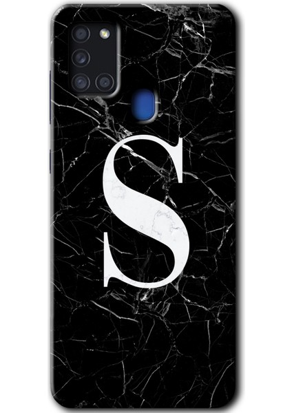 Samsung Galaxy A21S Kılıf Hd Desen Baskılı Arka Kapak - Siyah Mermer Desenli S Harfi