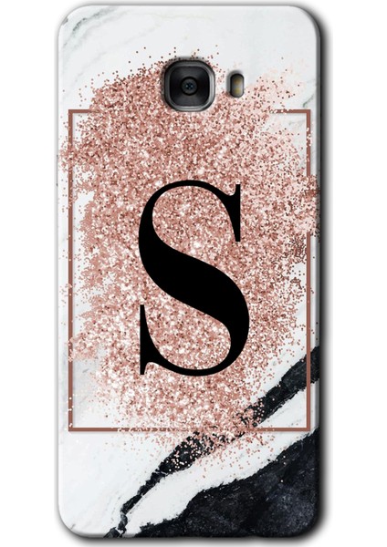 Samsung Galaxy C9 Pro Kılıf Hd Desen Baskılı Arka Kapak - Pembe Mermer Desenli S Harfi