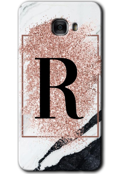 Samsung Galaxy C7 Kılıf Hd Desen Baskılı Arka Kapak - Pembe Mermer Desenli R Harfi