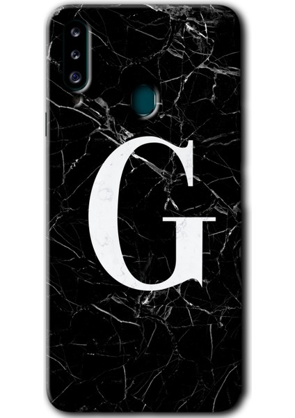 Samsung Galaxy A20S Kılıf Hd Desen Baskılı Arka Kapak - Siyah Mermer Desenli G Harfi