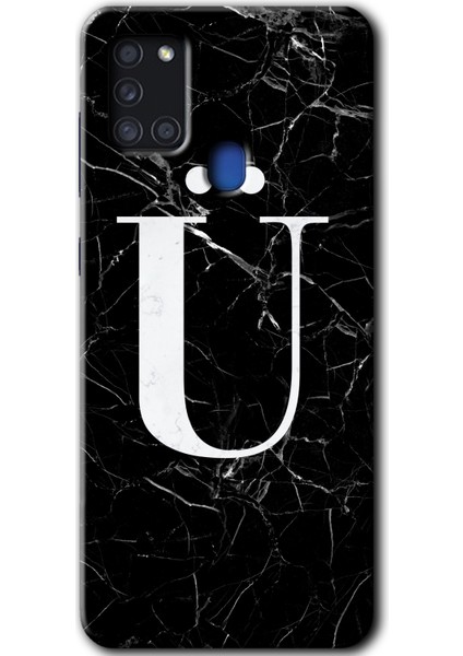 Samsung Galaxy A21S Kılıf Hd Desen Baskılı Arka Kapak - Siyah Mermer Desenli Ü Harfi