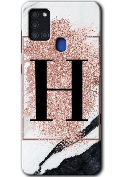 Samsung Galaxy A21S Kılıf Hd Desen Baskılı Arka Kapak - Pembe Mermer Desenli H Harfi
