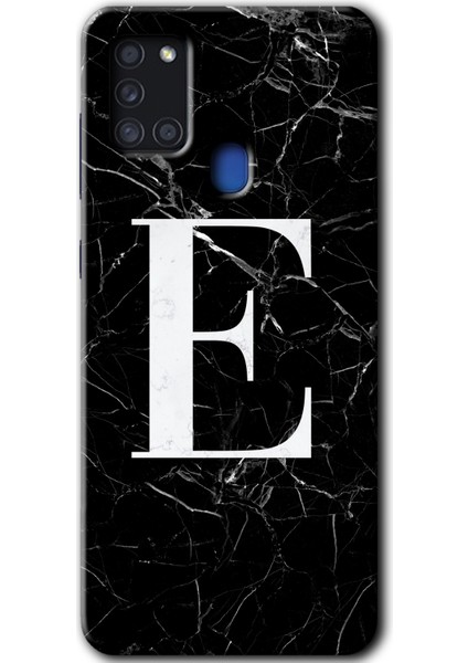 Samsung Galaxy A21S Kılıf Hd Desen Baskılı Arka Kapak - Siyah Mermer Desenli E Harfi
