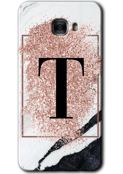 Samsung Galaxy C9 Pro Kılıf Hd Desen Baskılı Arka Kapak - Pembe Mermer Desenli T Harfi