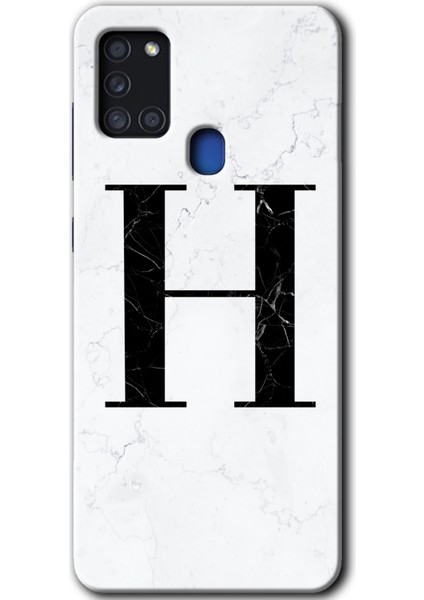 Samsung Galaxy A21S Kılıf Hd Desen Baskılı Arka Kapak - Beyaz Mermer Desenli H Harfi