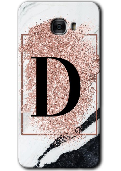 Samsung Galaxy C7 Kılıf Hd Desen Baskılı Arka Kapak - Pembe Mermer Desenli D Harfi