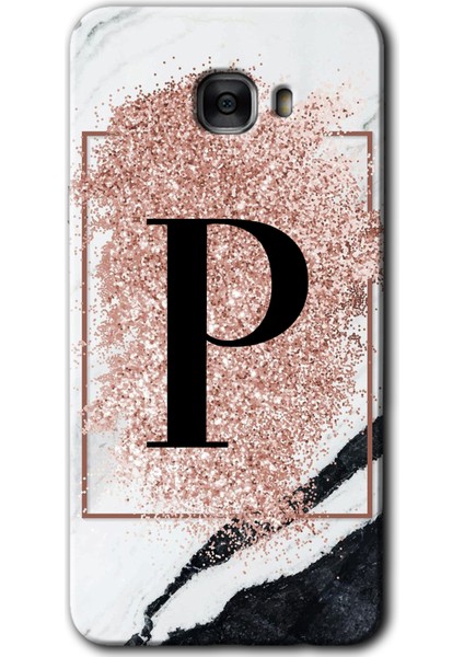 Samsung Galaxy C7 Kılıf Hd Desen Baskılı Arka Kapak - Pembe Mermer Desenli P Harfi