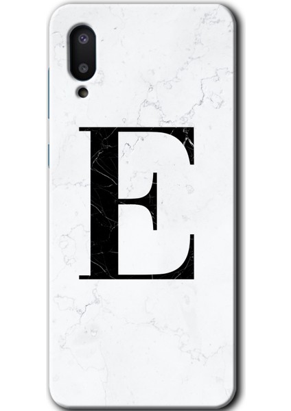 Samsung Galaxy A02 Kılıf Hd Desen Baskılı Arka Kapak - Beyaz Mermer Desenli E Harfi