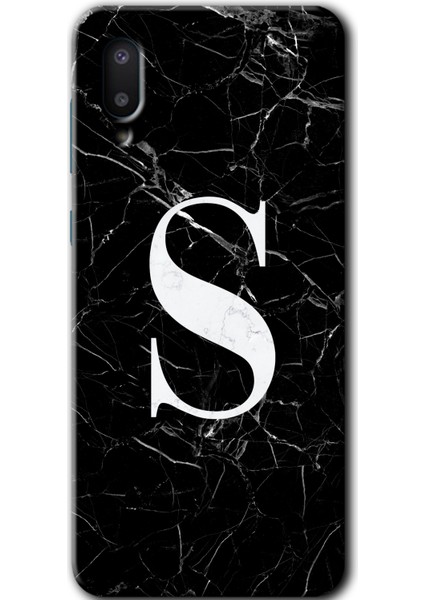 Samsung Galaxy A02 Kılıf Hd Desen Baskılı Arka Kapak - Siyah Mermer Desenli S Harfi