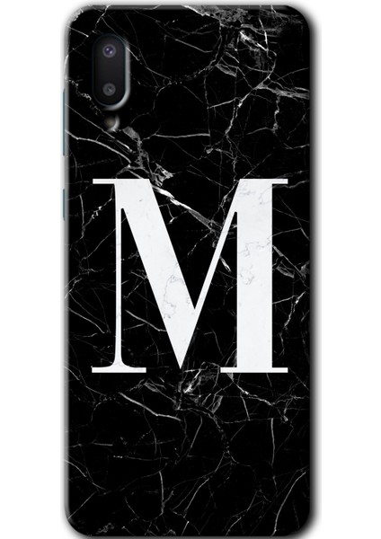 Samsung Galaxy A02 Kılıf Hd Desen Baskılı Arka Kapak - Siyah Mermer Desenli M Harfi