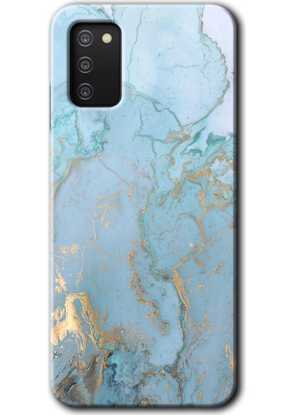 Samsung Galaxy A02S Kılıf Hd Desen Baskılı Arka Kapak - Mavi Gold Mermer