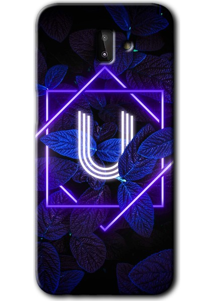 Samsung Galaxy J6 Plus Kılıf Hd Desen Baskılı Arka Kapak - Dark Neon Yaprak U Harfi