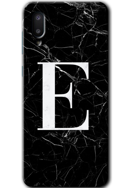 Samsung Galaxy A02 Kılıf Hd Desen Baskılı Arka Kapak - Siyah Mermer Desenli E Harfi