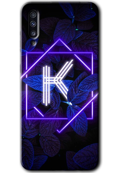 Samsung Galaxy A30S Kılıf Hd Desen Baskılı Arka Kapak - Dark Neon Yaprak K Harfi