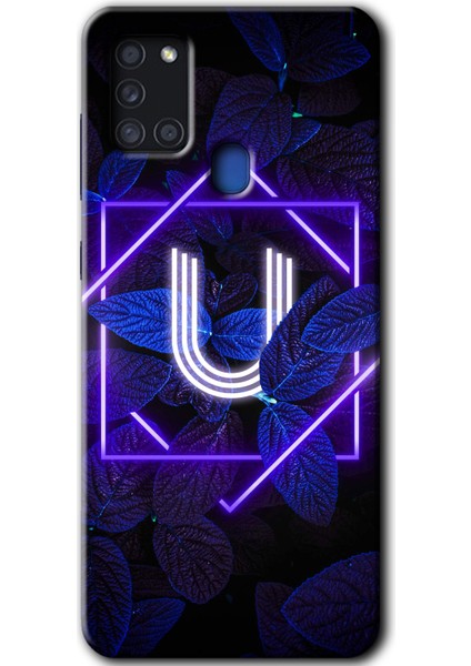 Samsung Galaxy A21S Kılıf Hd Desen Baskılı Arka Kapak - Dark Neon Yaprak U Harfi