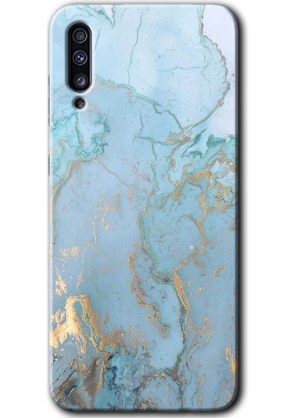 Samsung Galaxy A70 Kılıf Hd Desen Baskılı Arka Kapak - Mavi Gold Mermer