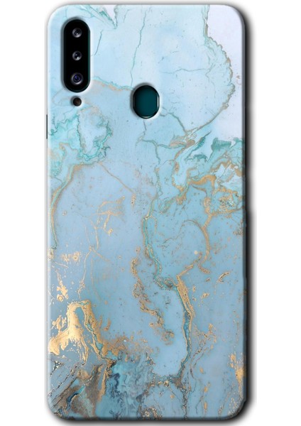 Samsung Galaxy A20S Kılıf Hd Desen Baskılı Arka Kapak - Mavi Gold Mermer