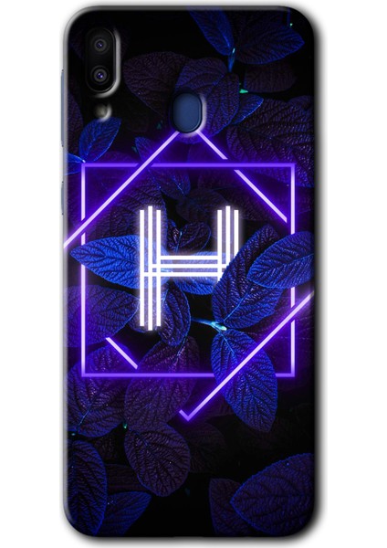 Samsung Galaxy M10S Kılıf Hd Desen Baskılı Arka Kapak - Dark Neon Yaprak H Harfi