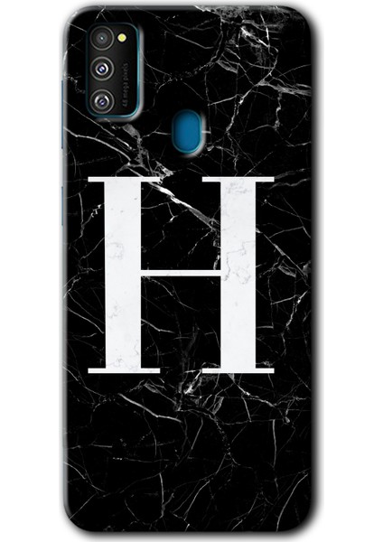 Samsung Galaxy M21 Kılıf Hd Desen Baskılı Arka Kapak - Siyah Mermer Desenli H Harfi